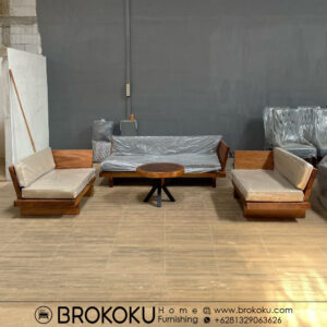 Set kursi tamu minimalis kayu solid trembesi meja bulat BHF-236