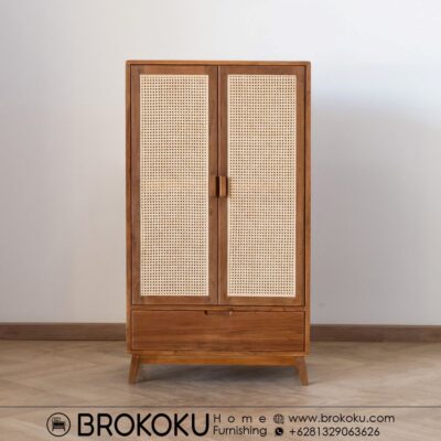 Lemari pakaian minimalis 2 pintu japandi jati rotan BHF-259