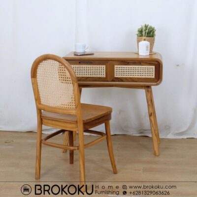 Set meja kerja jati minimalis retro 2 laci + kursi rotan BHF-255