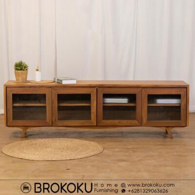 Bufet 4 pintu kaca kayu jati minimalis modern BHF-290