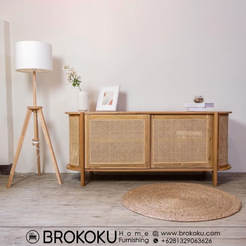 Bufet minimalis japandi oval kayu jati rotan BHF-294