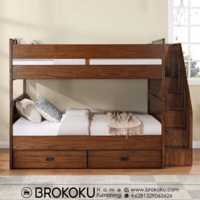 Ranjang tingkat jati minimalis tangga & kolong laci BHF-284