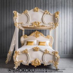 Tempat tidur tingkat ukir klasik mewah putih gold BHF-272