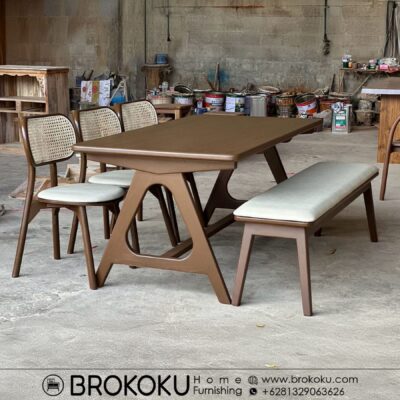 Set meja makan jati minimalis 3 kursi rotan 1 bangku BHF-320