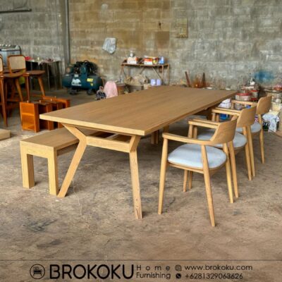 Set meja makan jati japandi style 3 kursi 1 bangku BHF-329